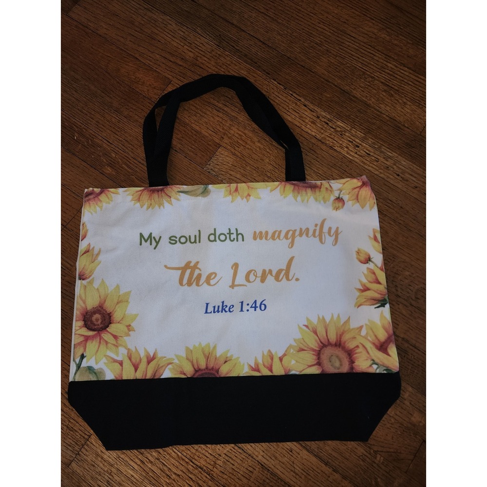 Sunflower Scripture Tote Bag Luke 1:46 Religious Christian Canvas Shopper White